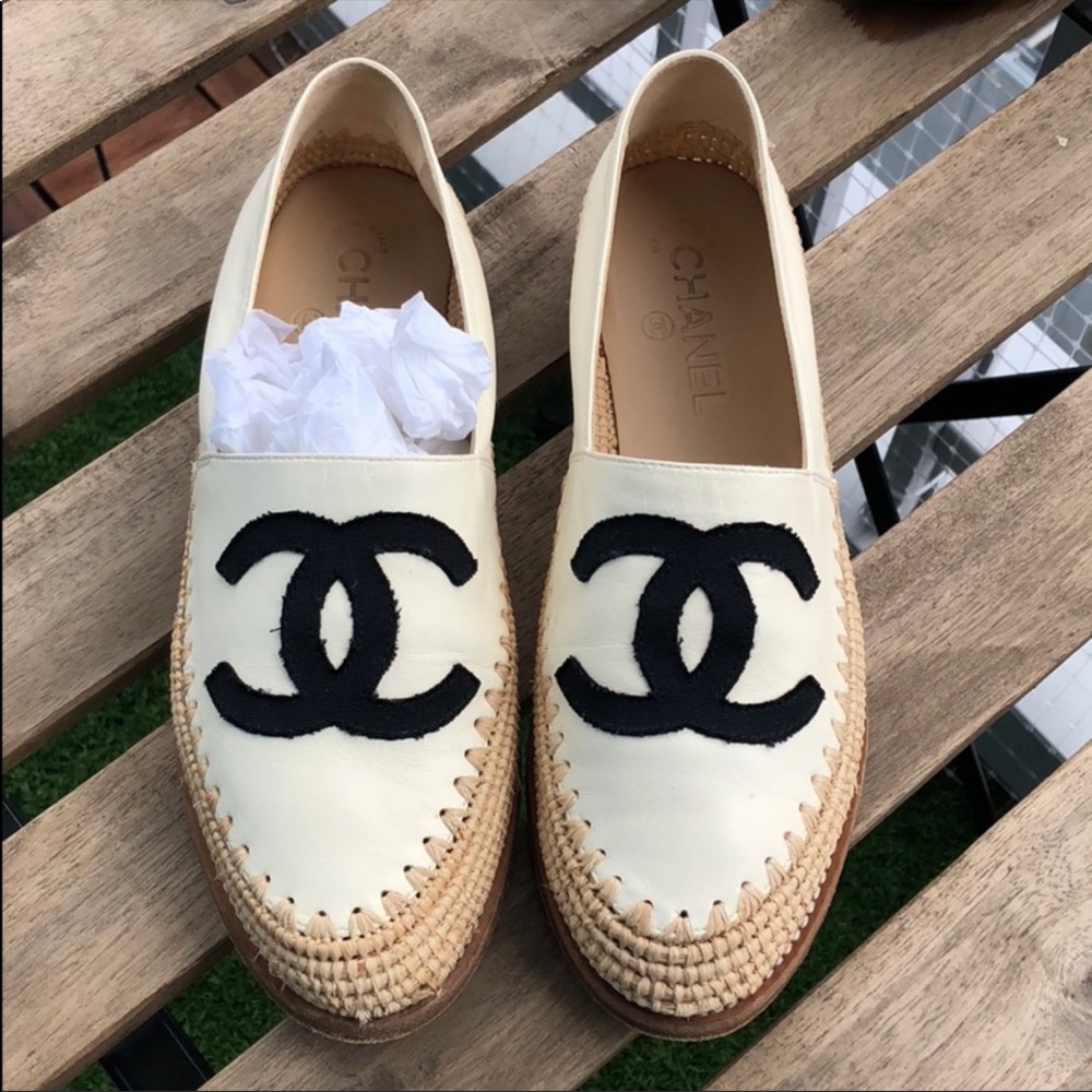 AUTHENTIC white w/ black logo Chanel espadrilles